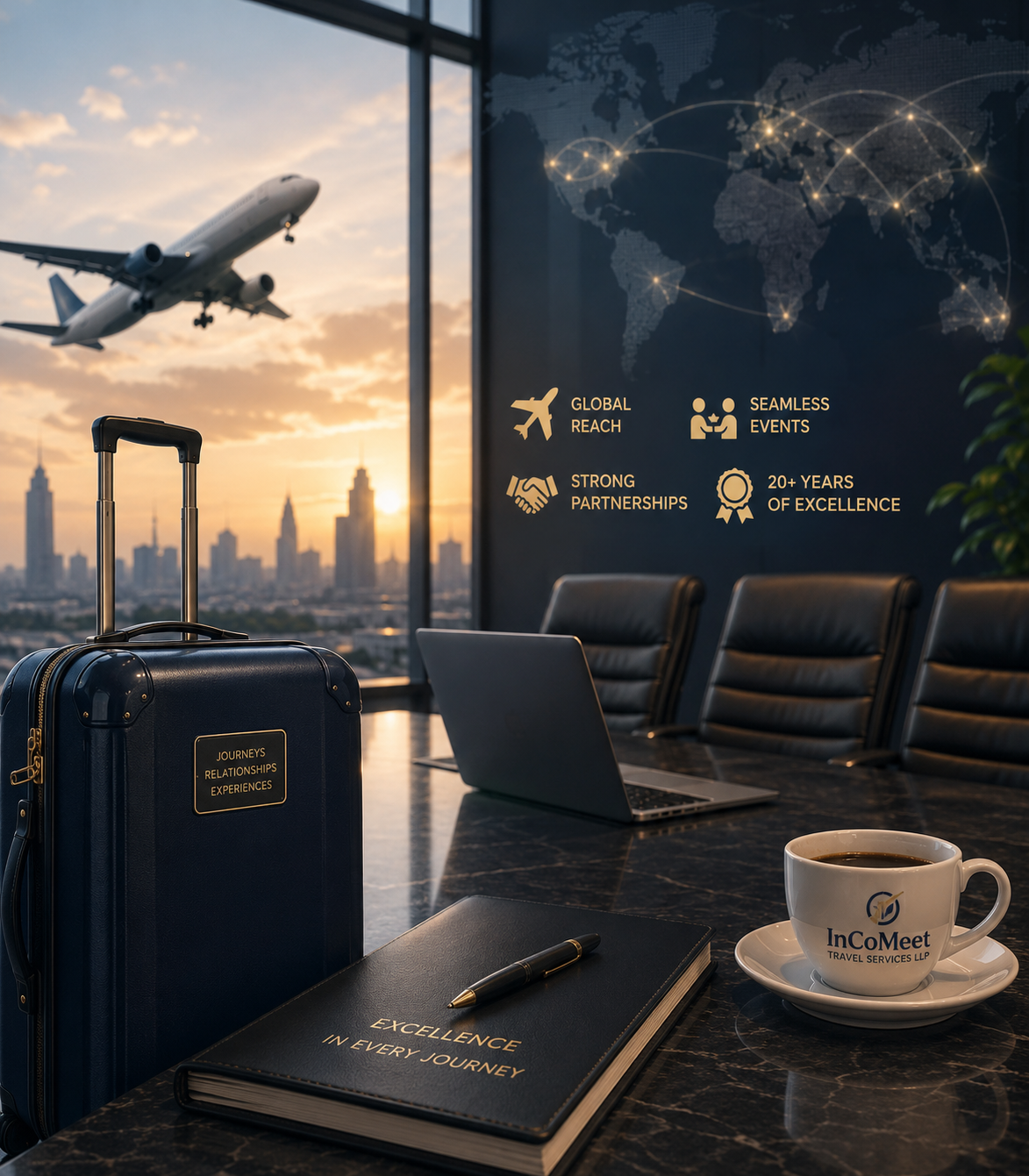 Corporate boardroom with a city view